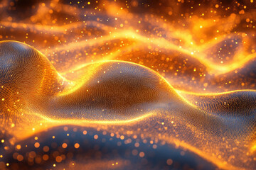 Poster - Abstract golden particles forming a wave-like pattern, glowing with intense light and bokeh effect.