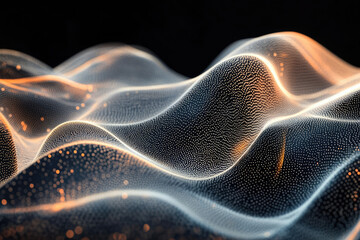 Poster - Abstract wave of glowing particles, digital rendering of flowing data or energy.