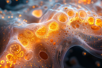 Aufkleber - Abstract 3D render of a translucent, porous structure with glowing orange particles, resembling a cellular or cosmic landscape.