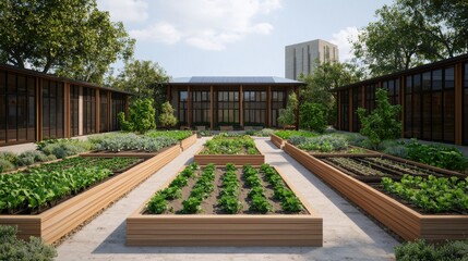 Wall Mural - A serene urban garden featuring raised beds, lush greenery, and modern architecture, promoting sustainable living amidst city life.