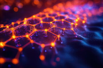 Aufkleber - Abstract network visualization with glowing nodes and connections forming a hexagonal pattern.