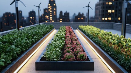 Wall Mural - A rooftop garden featuring vibrant green plants and lettuce rows, illuminated by lights with a city skyline in the background.