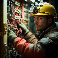 Poster - Electrician working on circuit board with safety gear