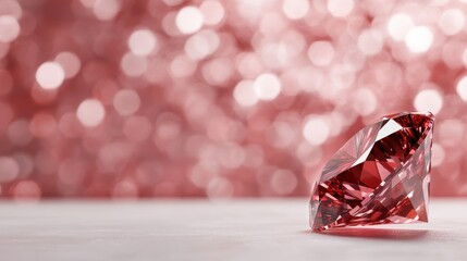 Poster - This image features a stunning pink diamond sitting elegantly on a surface with a soft, blurred bokeh background that adds a touch of luxury and beauty to the scene.