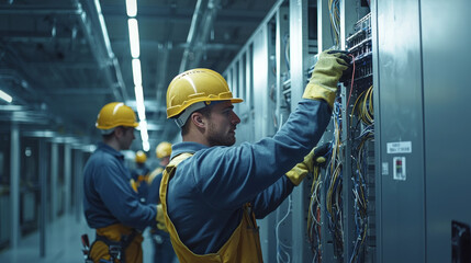 Poster - Electricians working on electrical panels in facility