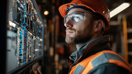 Poster - Worker inspecting electrical wiring with safety gear