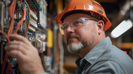 Poster - Experienced worker inspecting electrical wiring installations