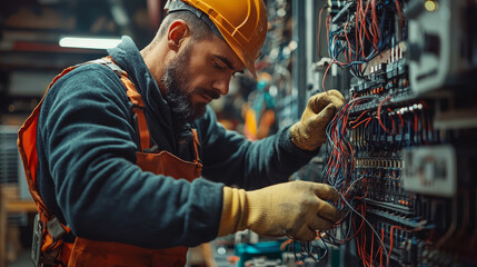 Poster - Skilled worker securing wiring with zip ties in workshop