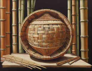 Traditional japanese bamboo basket and handicraft tools resting on wooden surface