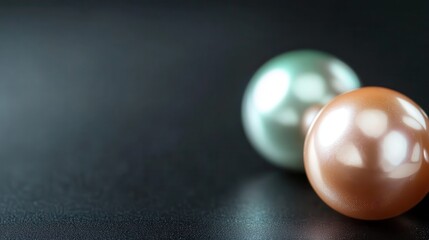 Poster - Two iridescent pearls, one pale green and one peach, reflect light on a sleek black background, showcasing their elegance and allure in a minimalistic presentation.