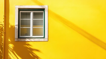 Poster - This image showcases a vibrant yellow wall complemented by a white window, creating a lively and cheerful atmosphere, perfect for brightening up any space or design.