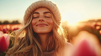 In a lively field of tulips, a beaming woman in a cozy knit hat embraces the beauty of life, radiating warmth and positivity in a captivating sunset glow.