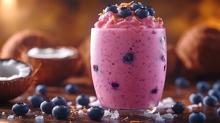 Wall Mural - Refreshing chilled coconut berry smoothie with blueberries kitchen beverage cozy atmosphere top view healthy lifestyle