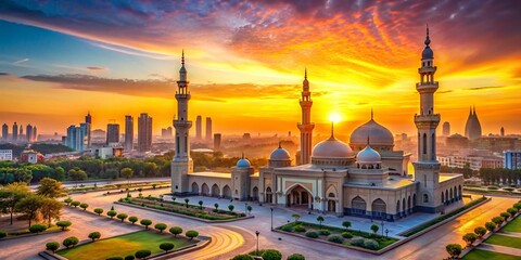 Wall Mural - Panoramic Sunrise over City Mosque - Breathtaking Golden Hour View