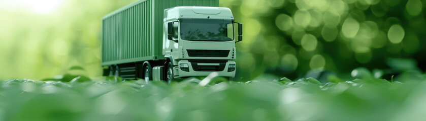 Wall Mural - Green Truck on Leafy Ground with Container. Eco-Friendly Transportation and Sustainable Logistics. Green Truck Logistics. Sustainable Cargo Movement. Sustainable Logistics Ecosystem.