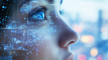 Poster - close up of woman face with digital city overlay, showcasing