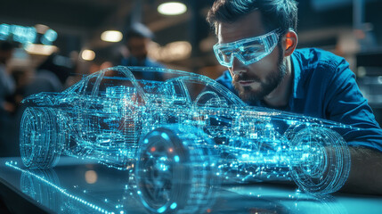 Poster - Engineer designing car with digital technology and creativity