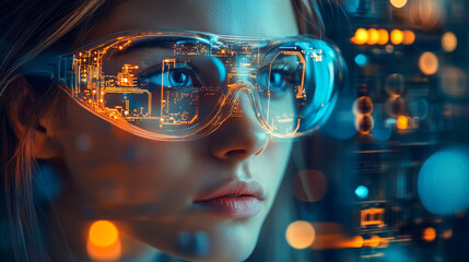 Poster - Female engineer with futuristic glasses analyzing technology