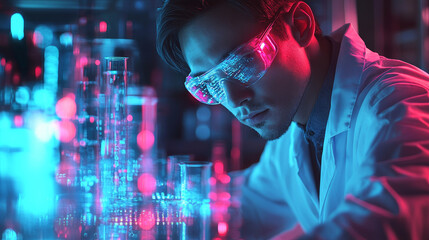 Poster - male engineer in lab with futuristic lighting and equipment
