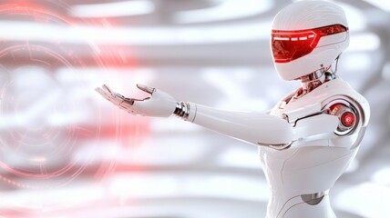 A futuristic robot with a sleek design extends its hand, emitting a glowing red light in a high-tech environment.