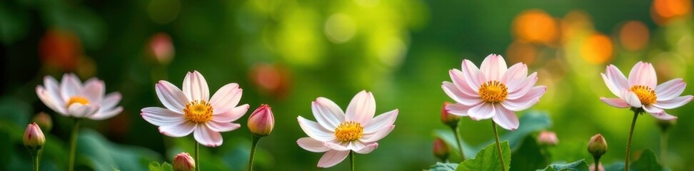 Garden flower blooms with green summer foliage, blossom, flowers, summer