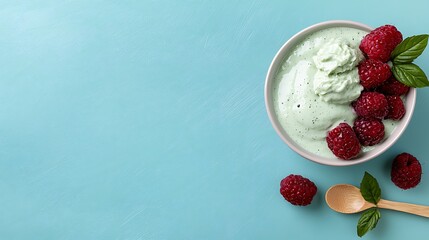 Wall Mural - Refreshing green smoothie bowl with tropical fruits kitchen food photography bright atmosphere overhead view healthy eating