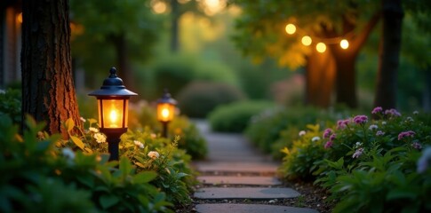 Wall Mural - Garden lights casting a warm and cozy ambiance, greenery, gentle shine