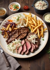 Wall Mural - A plate filled with a mouthwatering combination of grilled steak, crunchy fries, and cool coleslaw , meal, , crispy fries