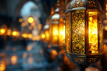 Intricately designed Arabic lanterns illuminating dimly lit middle eastern bazaar at night, Ramadan