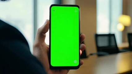 Hand of young man holding smartphone green screen in business office work. Mobile phone vertical mockup. Male person using phone with blank green background display. Chroma key smart phone. Close up.