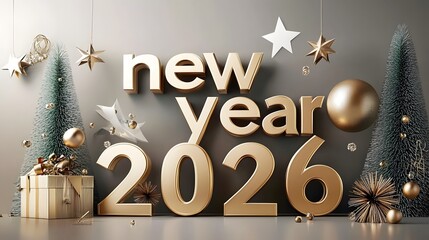 Aufkleber - 3D gold text reading  new year 2026  with festive lighting sparkling ornaments and holiday Perfect background for new year s card party invitation or other festive promotional material