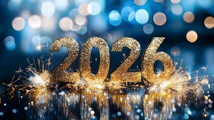 Poster - Vibrant 2026 New Year with Glowing Sparklers and Spectacular Fireworks Display Against a Cheerful and Lively Background