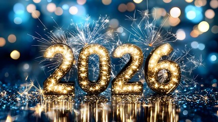 Poster - Vibrant and lively New Year s with glowing sparklers spectacular fireworks and other festive party elements set against a cheerful and dynamic background for the year 2026