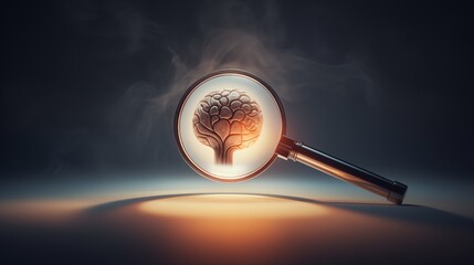 Wall Mural - A magnifying glass focusing on a question mark inside a brain, symbolizing deep questioning, with space on the left or right side, soft light background,generative ai illustration