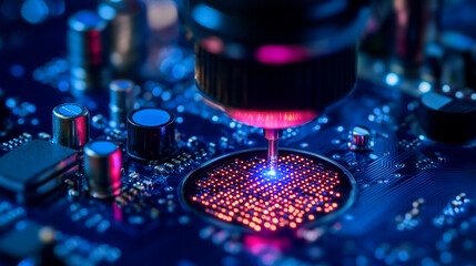 Poster - Precision manufacturing process on a microchip at a modern electronics facility