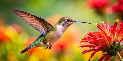 Wall Mural - Juvenile Ruby-throated Hummingbird in Flight, Ontario, Canada - Candid Nature Photography