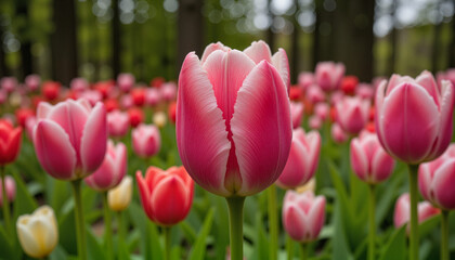 Single vibrant pink tulip in full bloom surrounded by a colorful tulip garden