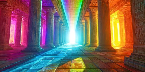 Poster - Long hallway with colorful pillars