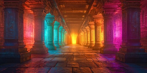 Poster - Long hallway with colorful pillars and a bright light shining through