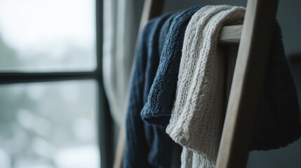 Poster - A blue and white scarf is hanging on a wooden ladder