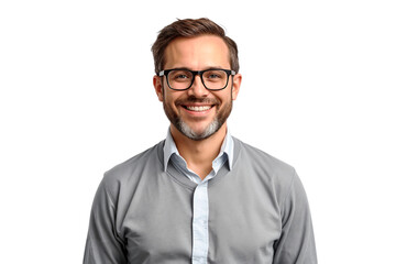 Poster - Casual businessman with glasses smiling with happy face, isolated on transparent background