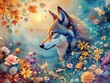 © suchetpong - Captivating artwork of a wolf with vibrant flowers and swirling leaves on a colorful watercolor backdrop, flower arrangement, swirling, captivating, artwork, vibrant