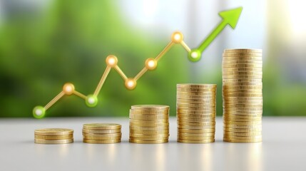 Poster - Stacked gold coins arranged next to a growth chart depicting financial success and investment strategies on a clean white background representing the concept of economic development and growth