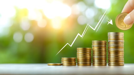 Aufkleber - Visualization of successful financial growth and strategic investment planning showcased through neatly stacked coins and an upward trending arrow representing positive gains increased earnings