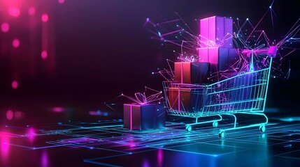 Poster - Bright and festive shopping cart filled with colorful gift boxes set against a soft glowing and sparkling digital background highlighting the joy and excitement of gift giving and