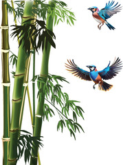 Wall Mural - blue bieds near green bamboo plants on white
