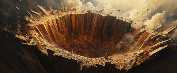 Aufkleber - Aerial view of a circular crater-like formation made of wooden beams with debris and light