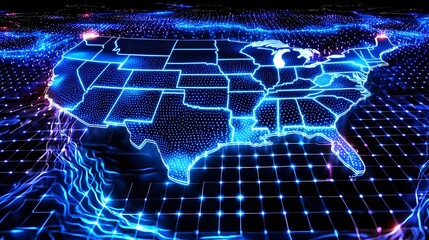Poster - Futuristic visualization of the cybersecurity network of America featuring interconnected data nodes glowing digital pathways