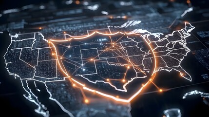 Poster - Abstract visual concept depicting the cyber shield overlay on a map of the USA representing national data security and defense strategies  Connected cities display encrypted data signals