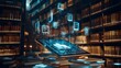 © Supakit - Digital Library with Floating Tablet Book Icons and Educational Technology Tools